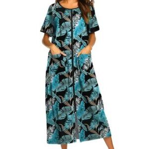Ekouaer Tropical Leaf Zip-Front Dress | Women’s XL | Black & Teal
